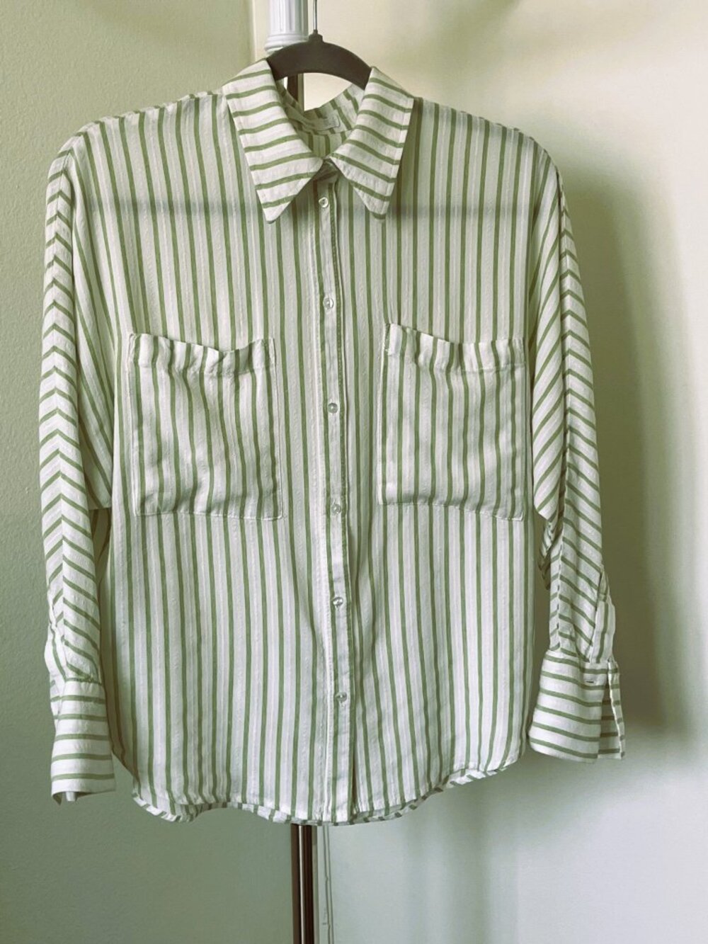 Mango MNG Linen Viscose Striped Button Down Shirt Womens Small Green White Loose